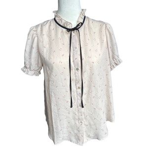 Daisy May Sheer Light Pink Floral Blouse with Black Collar Ribbon
